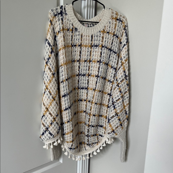 Plaid Knit Poncho with Tassels - Picture 1 of 1